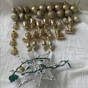 Elegant Gold Holiday Ornament Set with a Tree Topper Star. Like new condition.